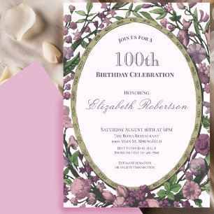 Elegant Pink Floral Border Women's 100th Birthday  Invitation
