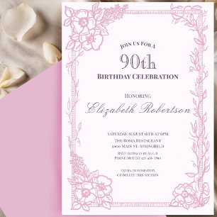 Elegant Pink Floral Border Women's 90th Birthday Invitation