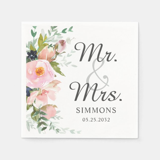 Elegant Pink Floral Bouquet Mr. & Mrs. Wedding Napkin (Front)