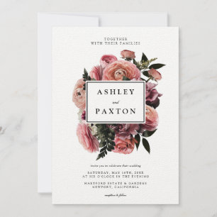 Elegant Pink Floral Bouquet on White Invitation