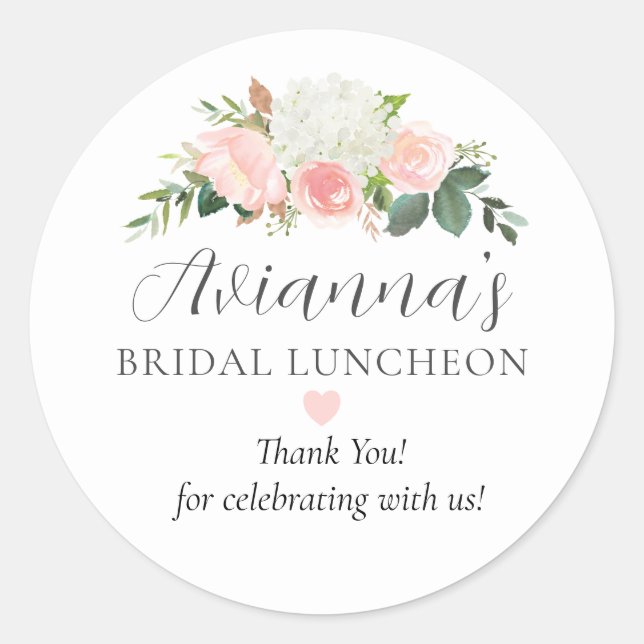 Elegant Pink Floral Bridal Luncheon Thank You Classic Round Sticker (Front)