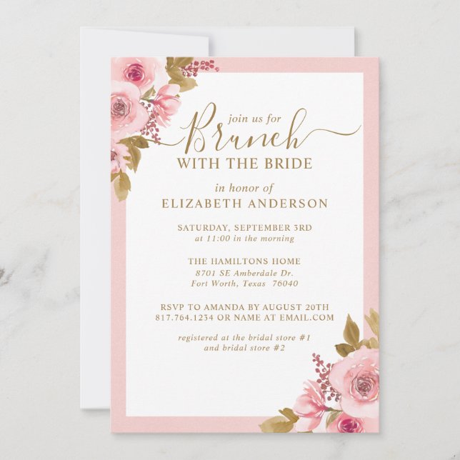 Elegant Pink Floral Bridal Shower Brunch Invitation (Front)