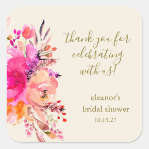 Elegant Pink Floral Bridal Shower Custom Thank You Square Sticker