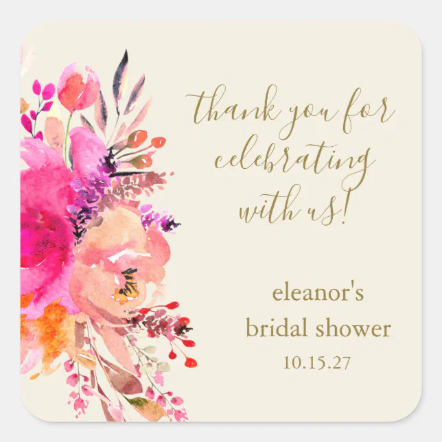 Elegant Pink Floral Bridal Shower Custom Thank You Square Sticker | Zazzle