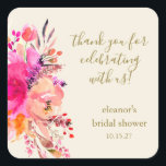Elegant Pink Floral Bridal Shower Custom Thank You Square Sticker<br><div class="desc">Elegant Hot Pink Floral Bridal Shower Custom Thank You Square Sticker</div>