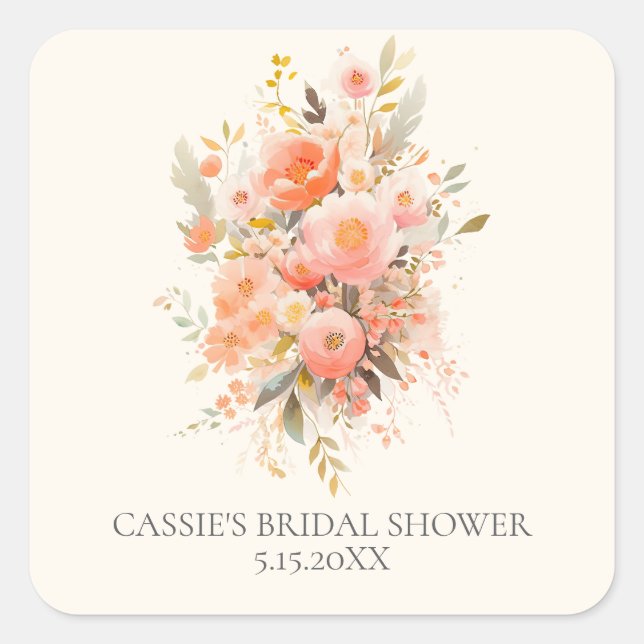 Elegant Pink Floral Bridal Shower Favour Square Sticker (Front)