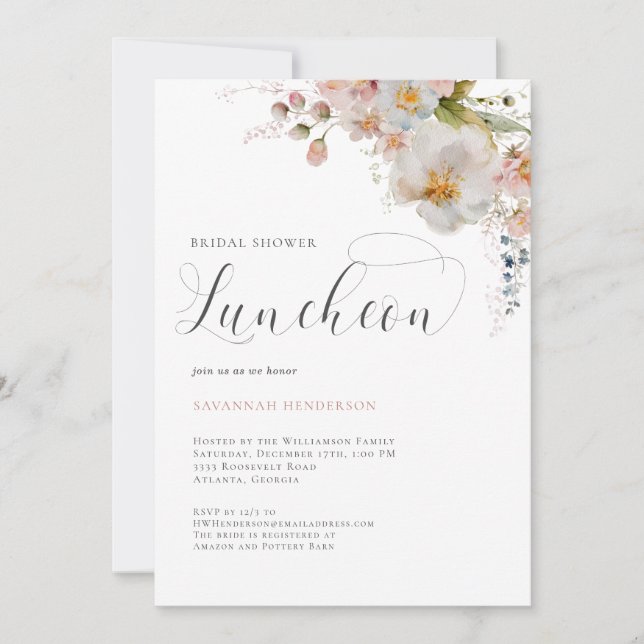 Elegant Pink Floral Bridal Shower Luncheon Invitation (Front)