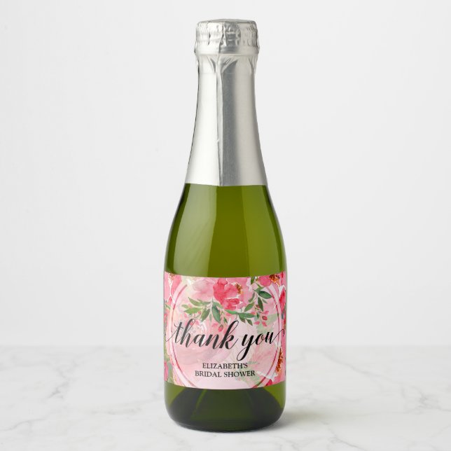 Elegant Pink Floral Bridal Shower Mini Sparkling Wine Label (Front)