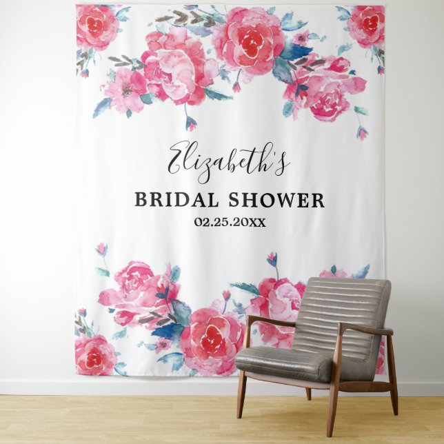 Elegant Pink Floral Bridal Shower Photo Backdrop Tapestry (In Situ)
