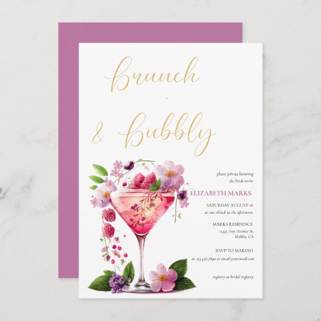 Elegant Pink Floral Brunch & Bubbly Bridal Shower  Invitation (Front/Back)