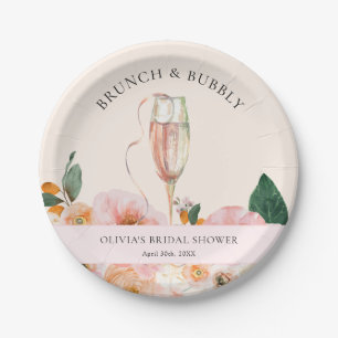 Elegant Pink Floral Brunch & Bubbly Bridal Shower Paper Plate