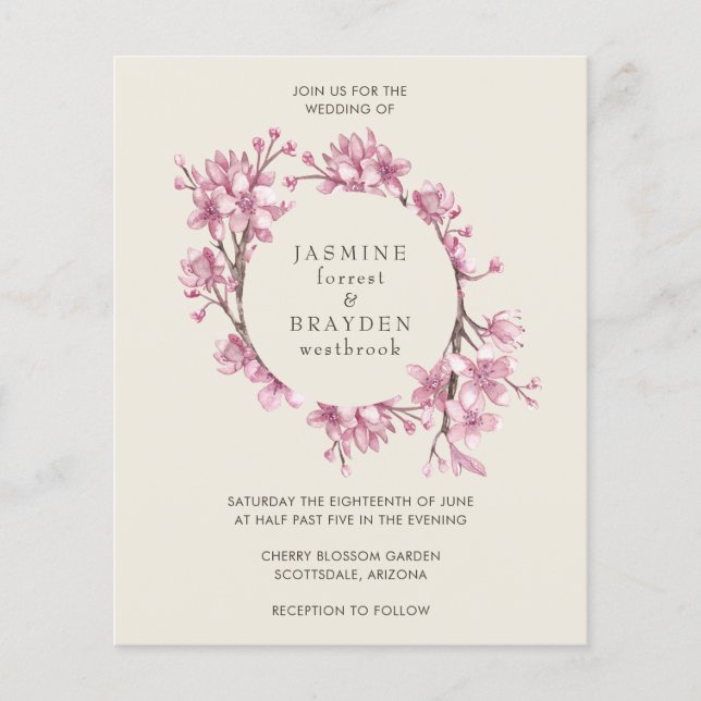 Elegant Pink Floral Budget Wedding Invitation (Front)