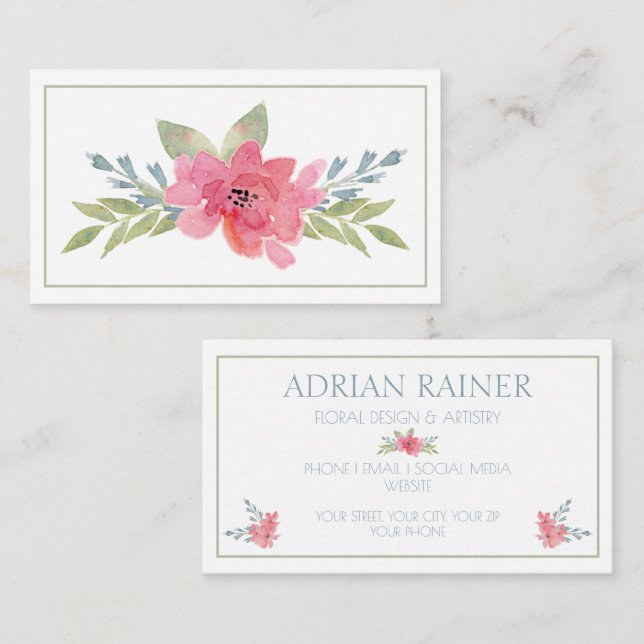 Elegant Pink Floral Business Card  Watercolor (Front/Back)