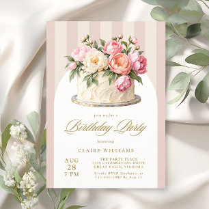 Elegant Pink Floral Cake Striped Birthday Party Invitation