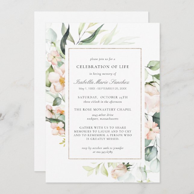 Elegant Pink Floral Celebration of Life Funeral Invitation (Front/Back)