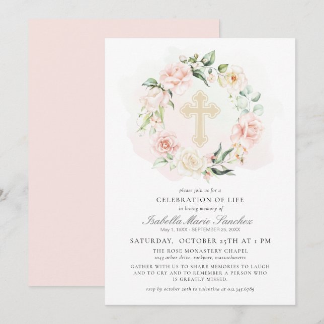 Elegant Pink Floral Celebration of Life Funeral Invitation (Front/Back)