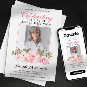 Elegant Pink Floral Celebration of Life Memorial Invitation