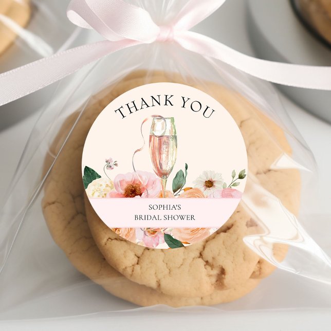 Elegant Pink Floral Champagne Thank You Classic Round Sticker (Creator Uploaded)
