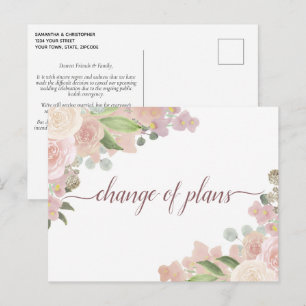 Elegant Pink Floral Change of Wedding Plans Announcement Postcard