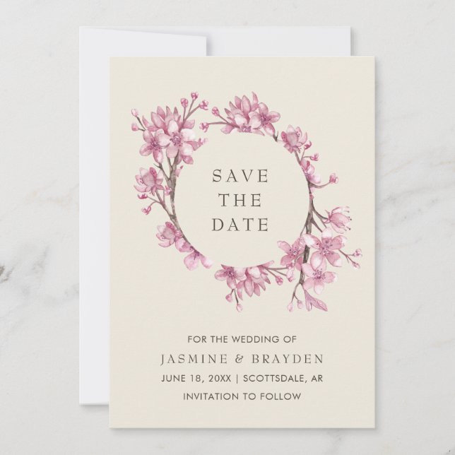 Elegant Pink Floral Cherry Blossom Wedding Save The Date (Front)