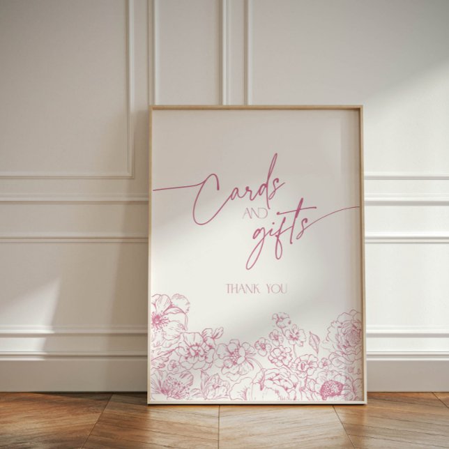 Elegant Pink Floral Chinoiserie Cards and Gifts Pedestal Sign (Pink toile de jouy cards and gifts sign )