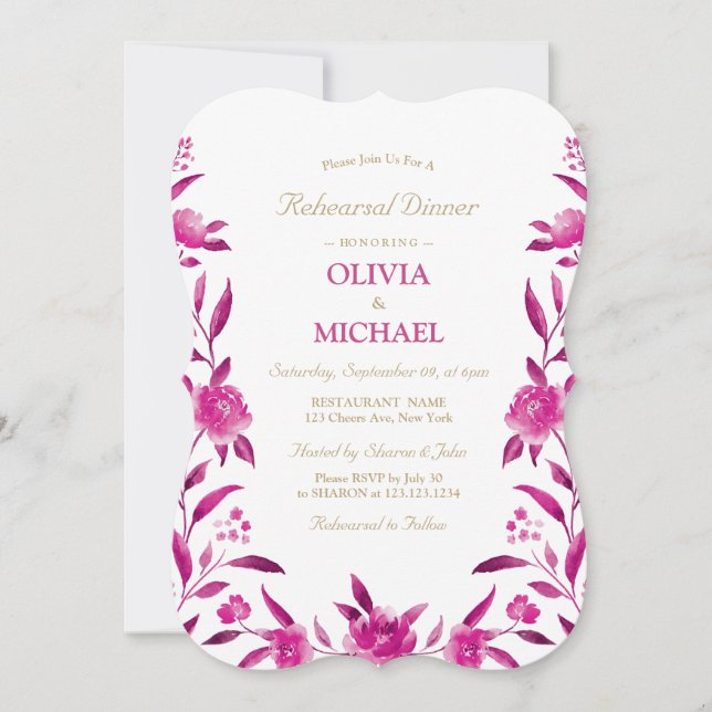 Elegant pink floral Chinoiserie Rehearsal Dinner Invitation (Front)