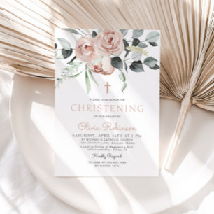 Elegant Pink Floral Christening Baptism Invitation
