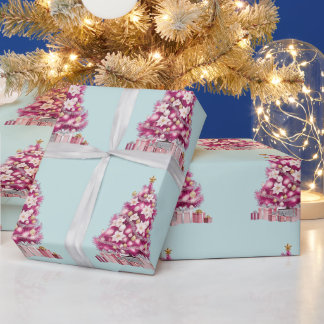 Elegant Pink Floral Christmas Trees on Ice Blue Wrapping Paper