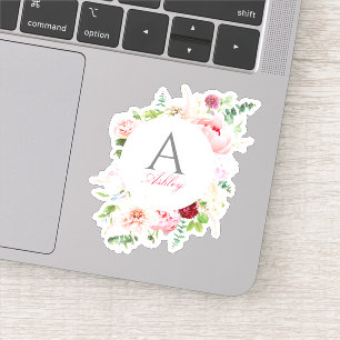 Elegant Pink Floral Circle Frame Name Monogram