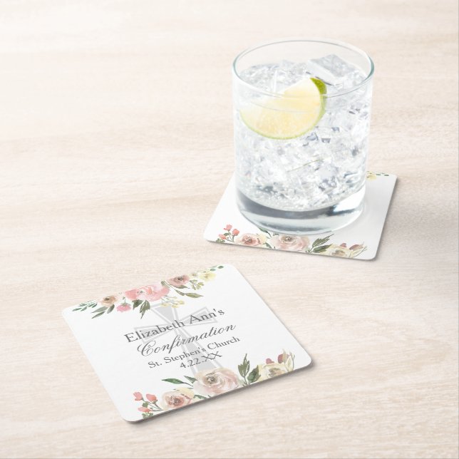 Elegant Pink Floral Confirmation Party Custom Square Paper Coaster (Insitu)