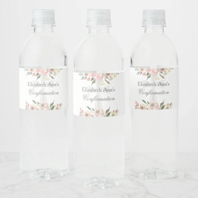 Elegant Pink Floral Confirmation Party Custom Water Bottle Label (Bottles)