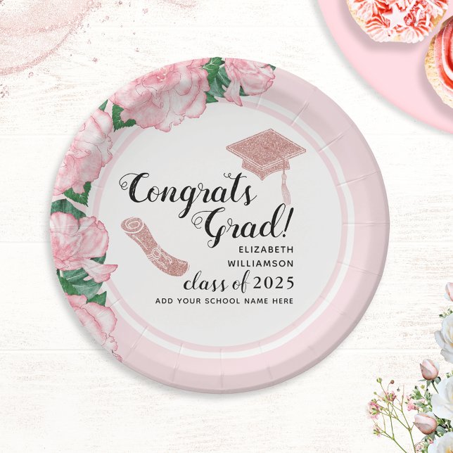 Elegant Pink Floral Congrats Grad Graduation Paper Plate (Creator Uploaded)