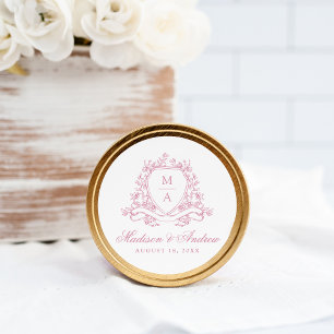 Elegant Pink Floral Crest Monogram Wedding Classic Round Sticker