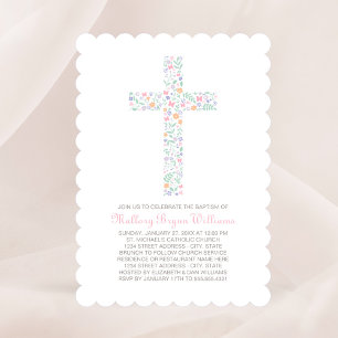 Elegant Pink Floral Cross Baby Girl Baptism Invitation