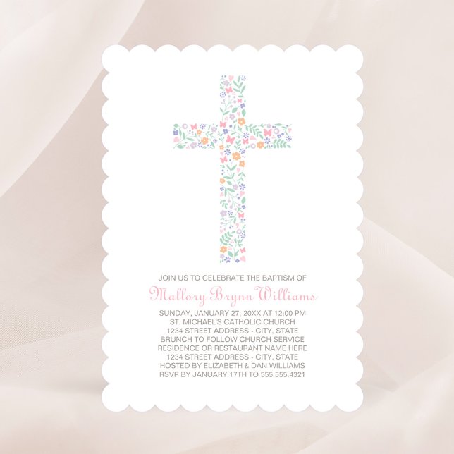 Elegant Pink Floral Cross Baby Girl Baptism Invitation (Creator Uploaded)