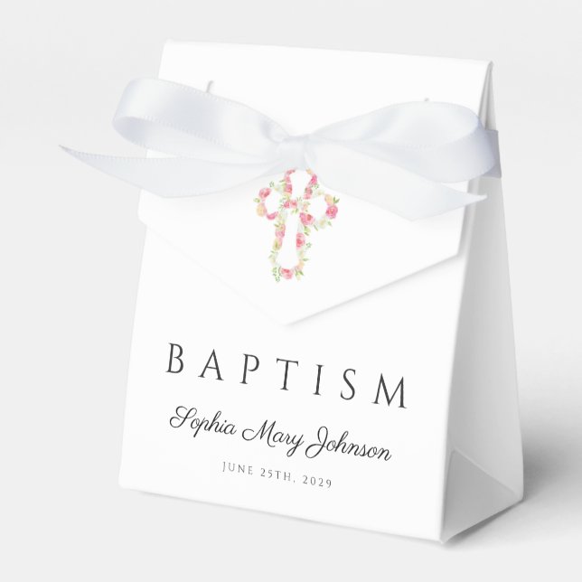 Elegant Pink Floral Cross Baptism Favour Box (Front Side)