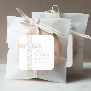 Elegant Pink Floral Cross Baptism Square Sticker