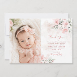 Elegant Pink Floral Cross Christening Baptism Thank You Card