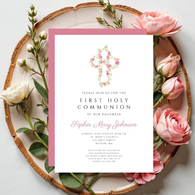 Elegant Pink Floral Cross First Communion   Invitation (Elegant Pink Floral Cross First Communion Invitation)