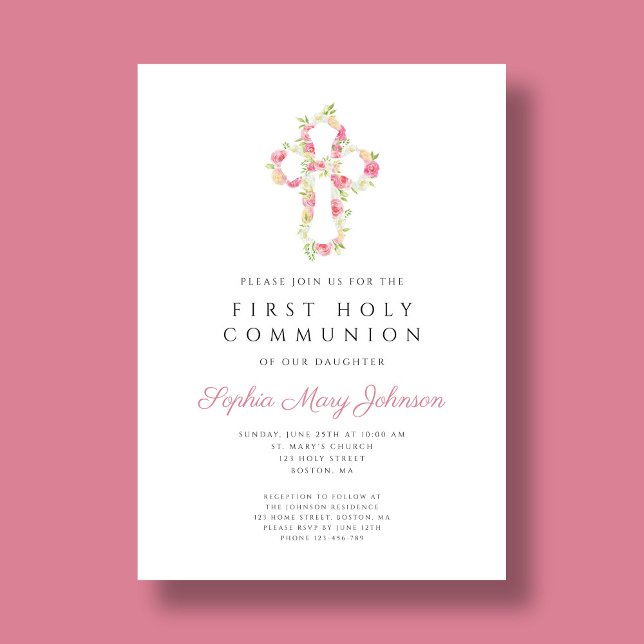 Elegant Pink Floral Cross First Communion   Invitation (Elegant Pink Floral Cross First Communion Invitation)
