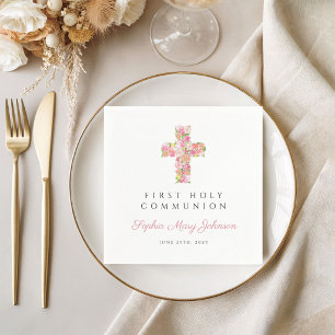 Elegant Pink Floral Cross First Communion Napkin