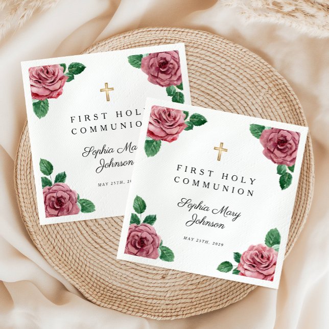 Elegant Pink Floral Cross First Communion Napkin (Elegant Pink Floral Cross First Communion Napkins)