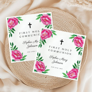 Elegant Pink Floral Cross First Communion  Napkin