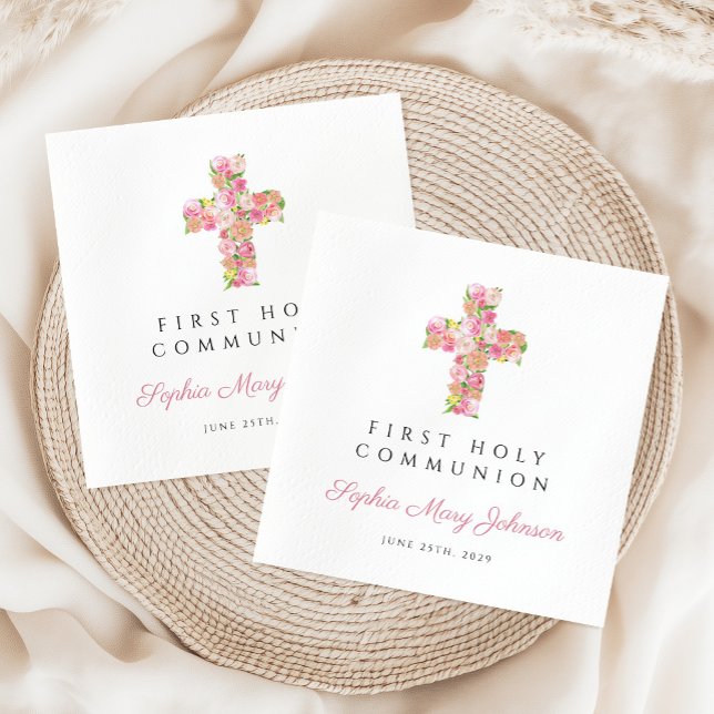 Elegant Pink Floral Cross First Communion Napkin (Elegant Pink Floral Cross First Communion Napkins)