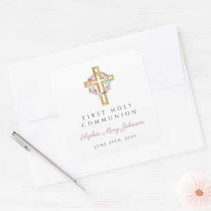 Elegant Pink Floral Cross First Communion Square Sticker