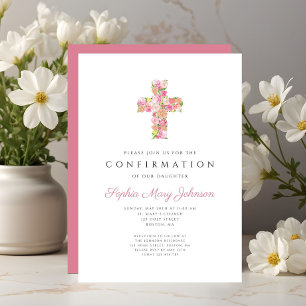 Elegant Pink Floral Cross Girl Confirmation Invitation