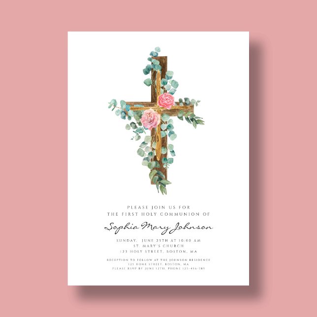 Elegant Pink Floral Cross Girl First Communion Invitation (Elegant Pink Floral Cross Girl First Communion Invitation Digital Download)