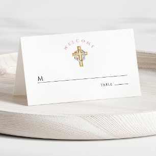Elegant Pink Floral Cross Girl First Communion Place Card