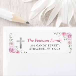 Elegant Pink Floral Cross Religious Return Address Label