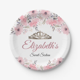 Elegant Pink Floral Crown Sweet 16 Birthday Paper Plate